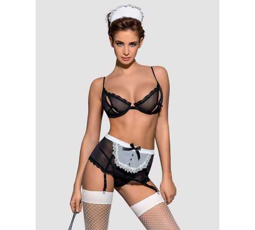 Еротичний костюм покоївки Obsessive Maidme set 5pcs S/M, бюстгальтер, пояс з фартухом, панчохи, стрі