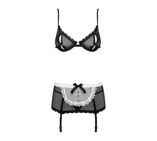 Еротичний костюм покоївки Obsessive Maidme set 5pcs S/M, бюстгальтер, пояс з фартухом, панчохи, стрі