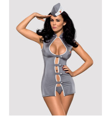 Еротичний костюм стюардеси Obsessive Stewardess 3 pcs costume grey S/M, сірий, сукня, стрінги, пілот