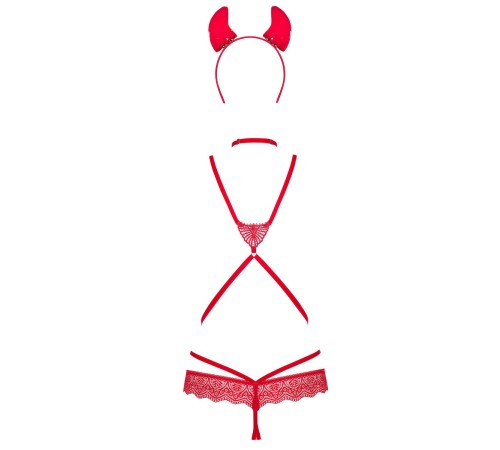 Еротичний костюм чортика зі стреп Obsessive Evilia teddy red S/M, боді, чокер, накладки на соски, об