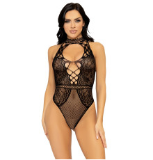 Leg Avenue Net and lace halter bodysuit OS Black