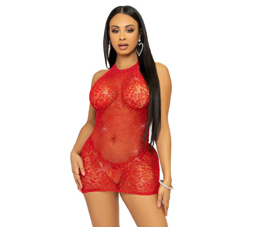 Сукня-сітка зі стразами Leg Avenue Rhinestone halter mini dress Red, відкрита спина, one size