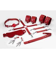 Набір Feral Feelings BDSM Kit 7 Red, наручники, поножі, конектор, маска, падл, кляп, затискачі