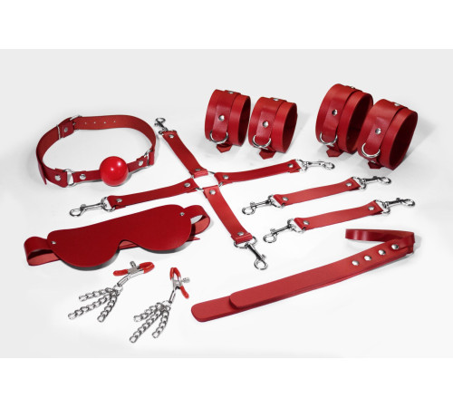 Набір Feral Feelings BDSM Kit 7 Red, наручники, поножі, конектор, маска, падл, кляп, затискачі