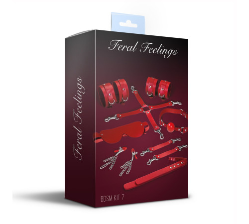 Набір Feral Feelings BDSM Kit 7 Red, наручники, поножі, конектор, маска, падл, кляп, затискачі