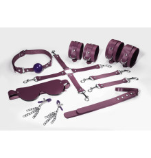 Набір Feral Feelings BDSM Kit 7 Burgundy, наручники, поножі, конектор, маска, падл, кляп, затискачі