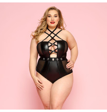 Сексуальне боді JSY «Пристрасна Лорейн» Plus Size Black, люверси, стрепи, екошкіра, шнурівка