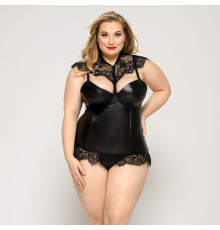 Латексний комплект білизни JSY «Пристрасна Ірис» Plus Size, Black, корсет, стрінги, мереживо