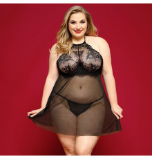 Сорочка бебі-дол JSY «Пристрасна Ліліт» Plus Size, Black, халтер, дрібна сітка, мереживо, стрінги