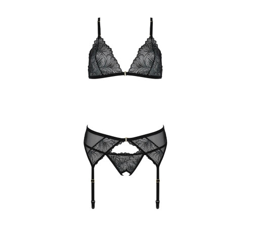 Комплект з відкритим доступом Passion DELIENA SET L/XL black, ліф, стрінги, пояс для панчіх