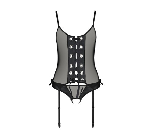 Корсет зі шнурівкою Passion NESSY CORSET L/XL black, стрінги з відкритим доступом, пажі для панчіх