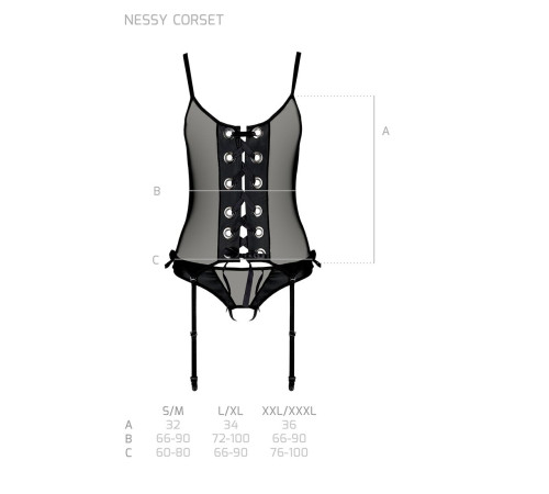 Корсет зі шнурівкою Passion NESSY CORSET S/M black, стрінги з відкритим доступом, пажі для панчіх