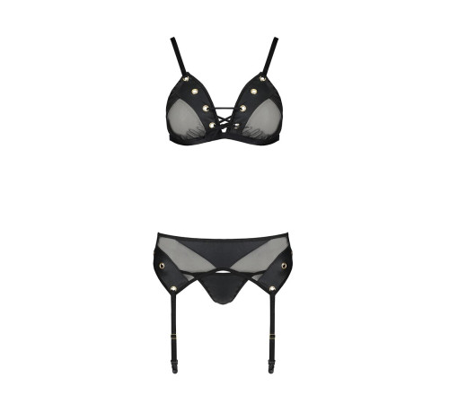 Комплект білизни Passion NESSY SET L/XL black, бюстгальтер, пояс для панчіх, стрінги