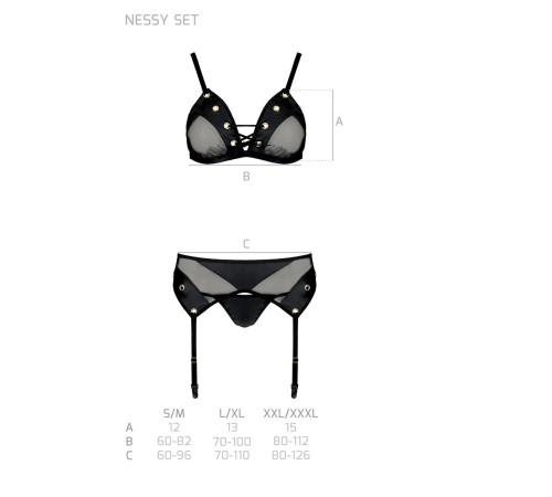 Комплект білизни Passion NESSY SET L/XL black, бюстгальтер, пояс для панчіх, стрінги