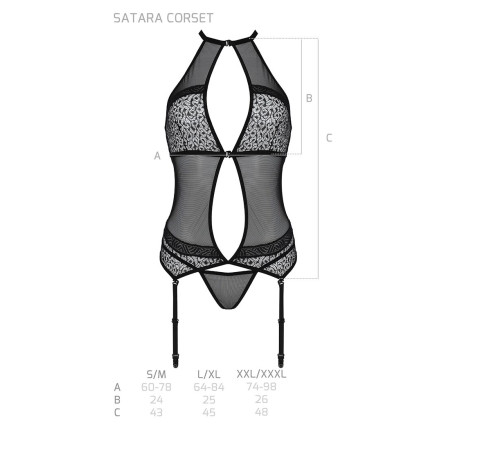 Корсет з пажами Passion SATARA CORSET L/XL black, стрінги, мереживо, застібки спереду та ззаду