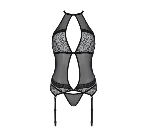 Корсет з пажами Passion SATARA CORSET L/XL black, стрінги, мереживо, застібки спереду та ззаду