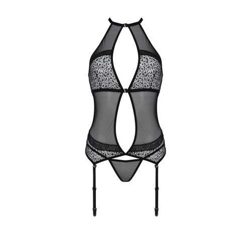 Корсет з пажами Passion SATARA CORSET S/M black, стрінги, мереживо, застібки спереду та ззаду