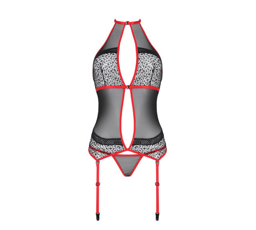 Корсет з пажами PassionSATARA CORSET L/XL red, стрінги, мереживо, застібки спереду та ззаду