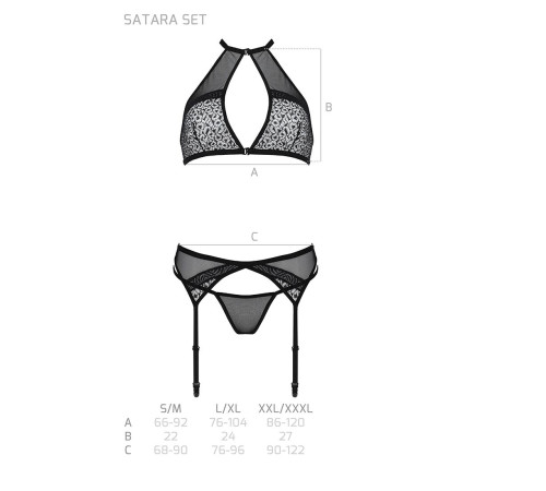 Комплект білизни Passion SATARA SET L/XL black, топ, пояс для панчіх, стрінги