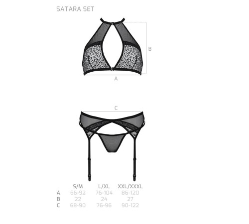 Комплект білизни Passion SATARA SET S/M black, топ, пояс для панчіх, стрінги