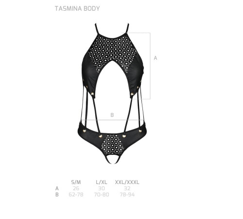 Боді з відкритим доступом Passion TASMINA BODY L/XL black, екошкіра, шнурівки, ажурні мережива