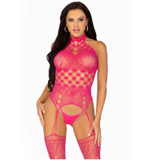 Мереживний бодістокінг з відкритим доступом Leg Avenue High neck lace bodystocking One size Raspberr