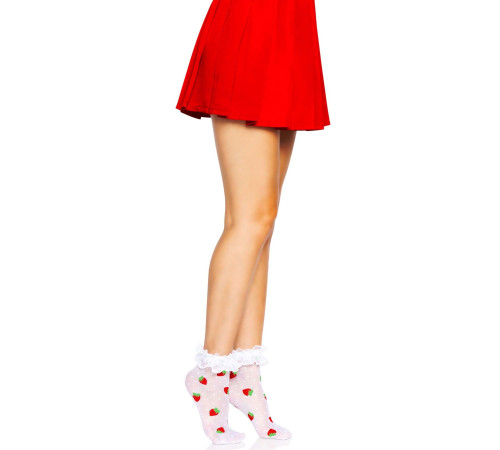 Шкарпетки жіночі з полуничним принтом Leg Avenue Strawberry ruffle top anklets One size, мереживні м