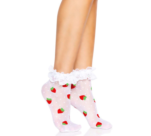 Шкарпетки жіночі з полуничним принтом Leg Avenue Strawberry ruffle top anklets One size, мереживні м