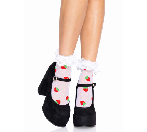 Шкарпетки жіночі з полуничним принтом Leg Avenue Strawberry ruffle top anklets One size, мереживні м