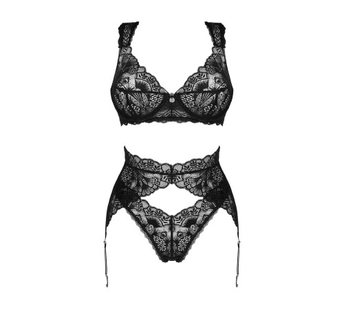 Комплект білизни Obsessive Donna Dream 3-pcs set XS/S Black, бюстгальтер, стрінги, пояс для панчіх