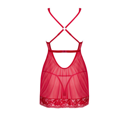 Прозора сорочка бебі-дол Obsessive Lacelove babydoll & thong XS/S Red, мереживо, стрінги