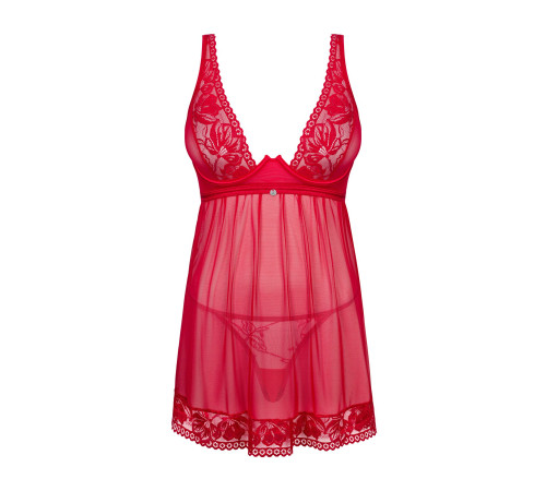 Прозора сорочка бебі-дол Obsessive Lacelove babydoll & thong XS/S Red, мереживо, стрінги