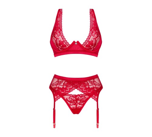 Комплект білизни Obsessive Lacelove cupless 3pcs set XS/S Red, бюстгальтер, стрінги, пояс для панчіх