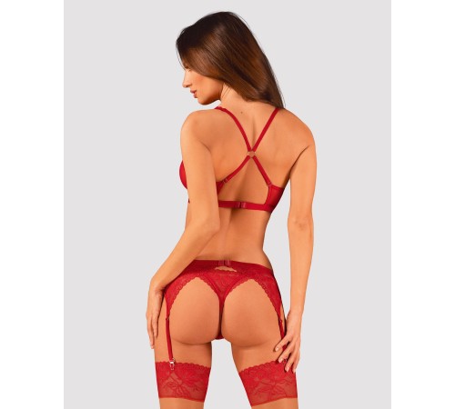 Комплект білизни Obsessive Lacelove cupless 3pcs set XS/S Red, бюстгальтер, стрінги, пояс для панчіх