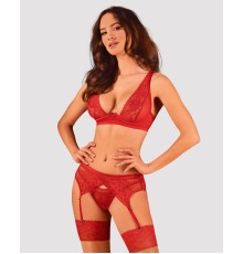 Комплект білизни Obsessive Lacelove cupless 3pcs set XS/S Red, бюстгальтер, стрінги, пояс для панчіх