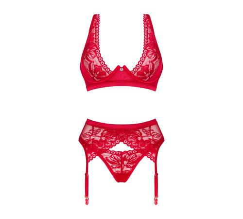 Комплект білизни Obsessive Lacelove cupless 3-pcs set M/L Red, бюстгальтер, стрінги, пояс для панчіх