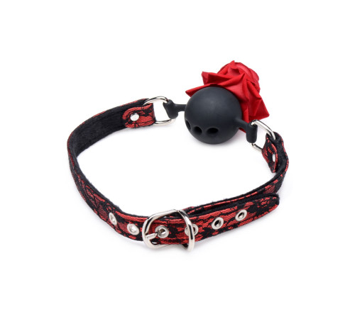 Кляп з трояндою Master Series: Eye-Catching Ball Gag With Rose, чорно-червоний