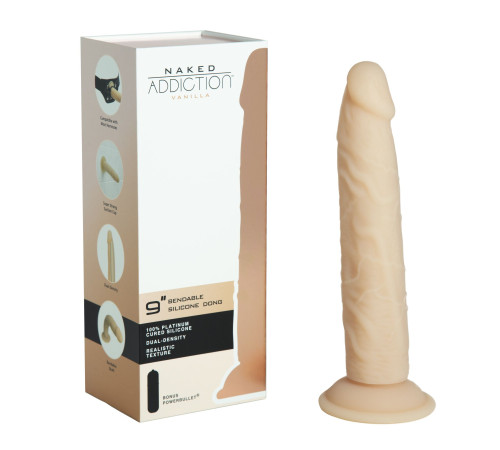 Фалоімітатор Naked Addiction — 9″ Silicone Dual Density Bendable Dildo Vanilla, віброкуля в подаруно