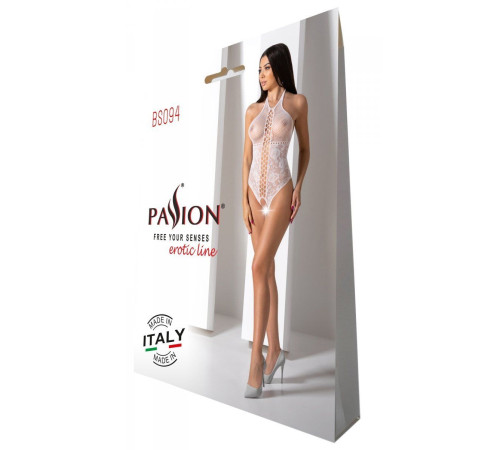 Бодістокінг з імітацією корсетної шнурівки Passion BS094 One Size, white, квітковий візерунок, з дос