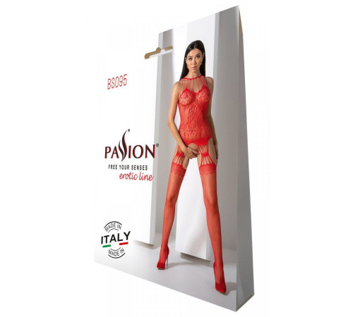 Бодістокінг з безліччю бретелей Passion BS095 One Size, red, імітація пояса та панчіх, з доступом