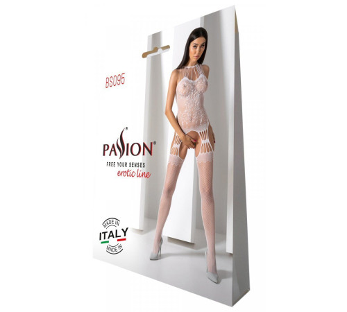 Бодістокінг з безліччю бретелей Passion BS095 One Size, white, імітація пояса та панчіх, з доступом