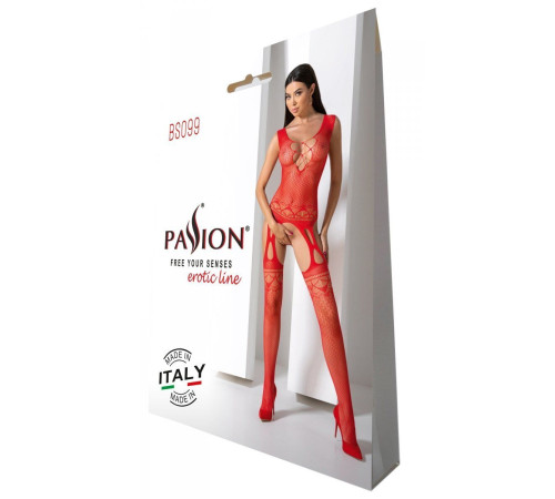 Бодістокінг з плетінням на грудях Passion BS099 One Size, red, відкритий доступ, імітація підв’язок