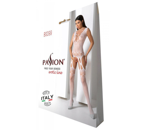 Бодістокінг з плетінням на грудях Passion BS099 One Size, white, відкритий доступ, імітація підв’язо