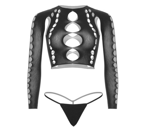 Комплект безшовної білизни Leg Avenue Long sleeve crop top & string Black, One Size, топ, стрінги