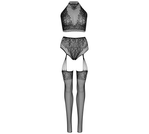 Еротичний комплект Leg Avenue Crop top and garter panty Black, топ, трусики з доступом, панчохи