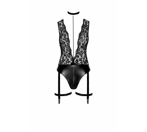 Боді Noir Handmade F297 Libido Deep-V bodysuit with collar, pearl chain and garter - S