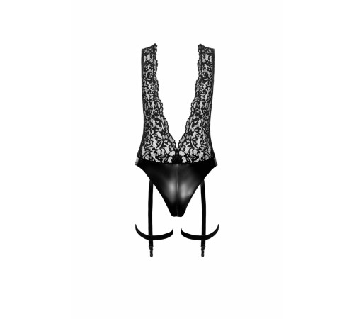 Боді Noir Handmade F297 Libido Deep-V bodysuit with collar, pearl chain and garter - S