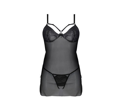 Пеньюар Passion DROSERA CHEMISE black, L/XL, мереживний ліф зі стрепами, трусики в комплекті