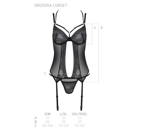 Корсет Passion DROSERA CORSET black, S/M, з кріпленнями для панчіх, трусики в комплекті