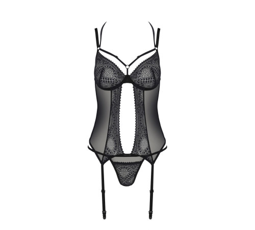 Корсет Passion DROSERA CORSET black, S/M, з кріпленнями для панчіх, трусики в комплекті